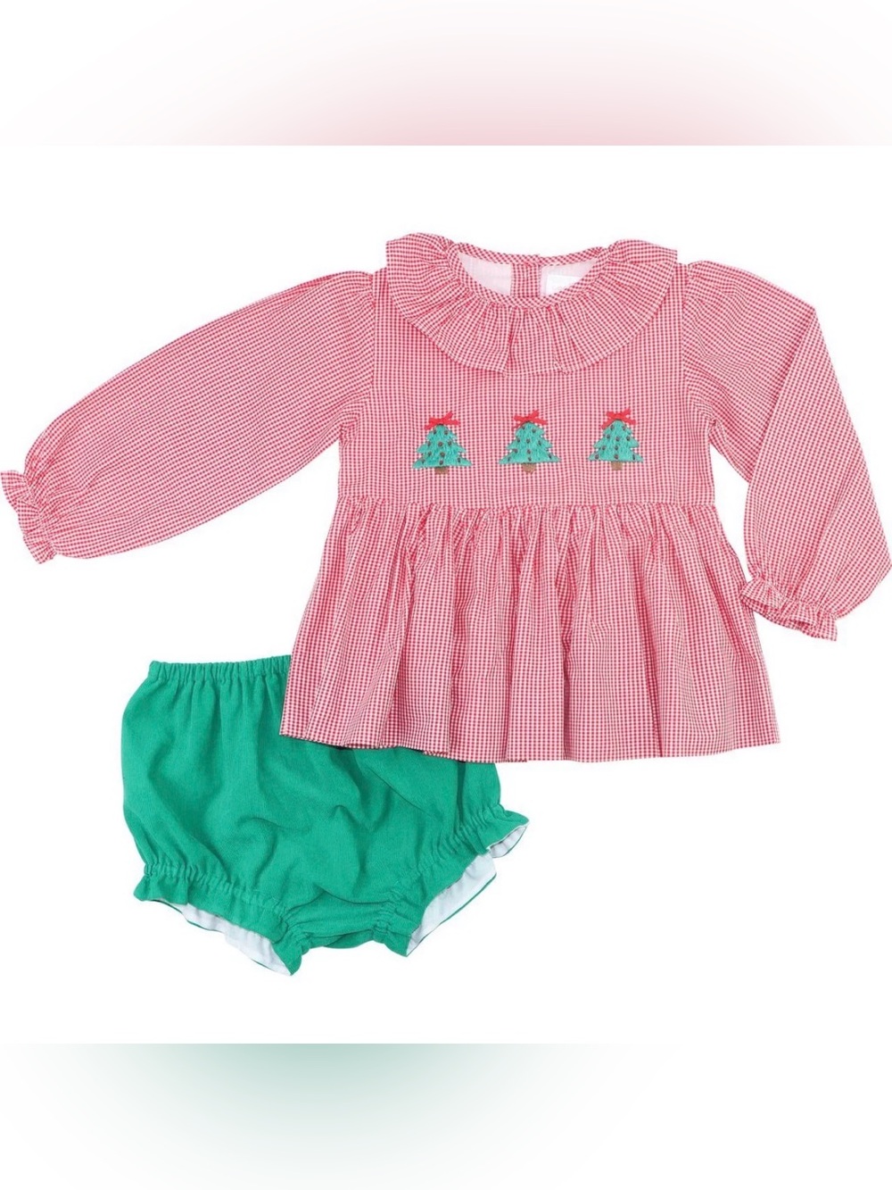 Cecil and Lou Red Gingham Top with Christmas Tree Smocking and Green Bloomers